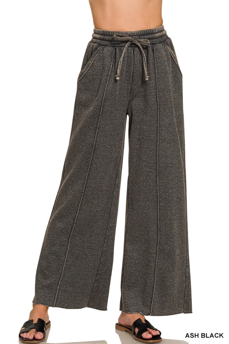 NEW Zenana Acid Wash Fleece Wide Leg Pintuck Pants Ash Black SMALL